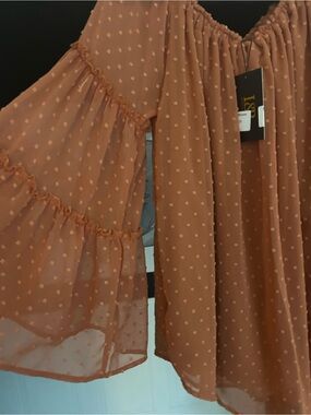 L&B Rust Swiss-Dot Peasant Top with Tiered Ruffle Sleeves